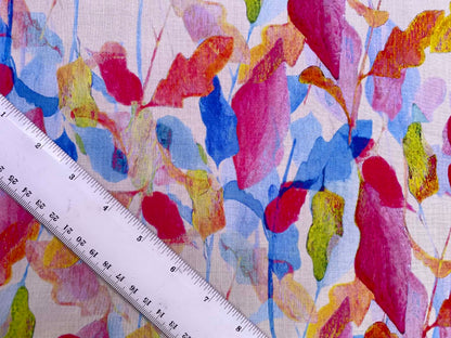 Fuchsia Pink & Blue Watercolor Botanical Leaf 100% Cotton Lawn Fabric - Premium Dressmaking Fabric - Extra Wide 57" By The Metre