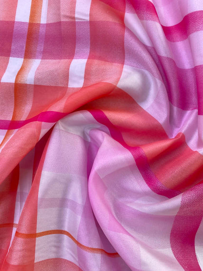 Red, Peach & Lilac Plaid Spanish Silk Fabric – 54" Wide (£3.99/m)