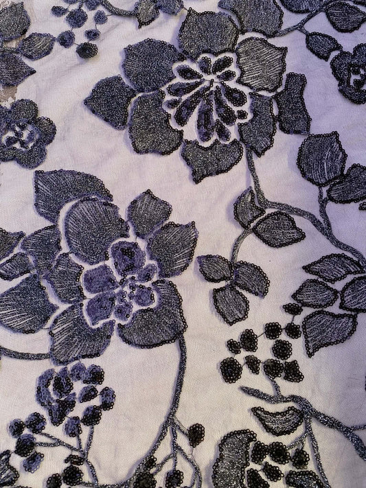 Silver and Black Floral Sequined Mesh Fabric - 64" Wide, No Stretch