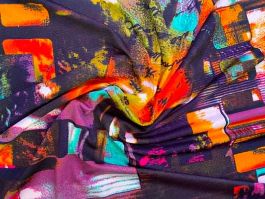 Sunset Abstract Floral Poly Lycra - 62" Wide - High Stretch - Pink, Purple & Orange - £2.99/m