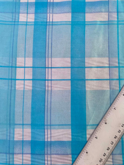 Sky Blue & Aqua Plaid Spanish Silk Fabric – 54" Wide (£3.99/m)