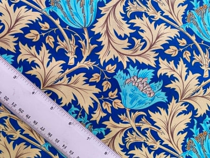 William Morris Inspired Floral 100% Cotton Fabric - Turquoise & Beige Royal Blue Trail - 44/45" Wide By The Metre