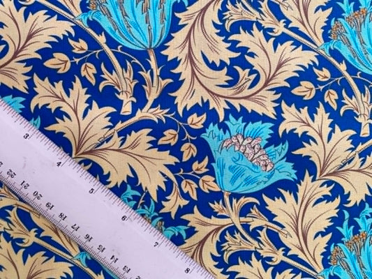 William Morris Inspired Floral 100% Cotton Fabric - Turquoise & Beige Royal Blue Trail - 44/45" Wide By The Metre
