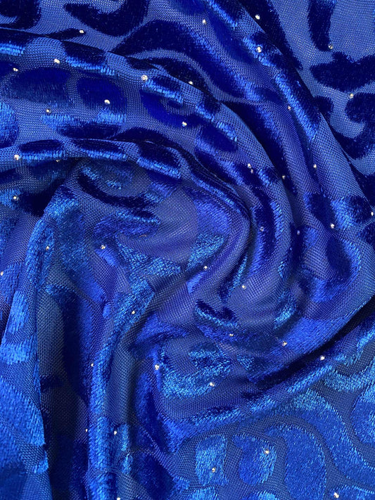 Burnout Velvet w/ Diamantes - Blue - 53" Wide - Sold By The Metre