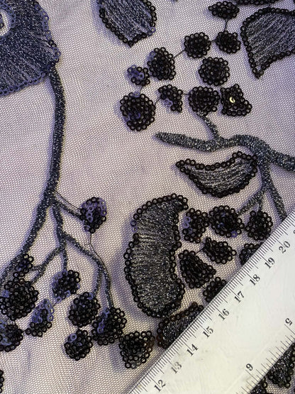 Silver and Black Floral Sequined Mesh Fabric - 64" Wide, No Stretch