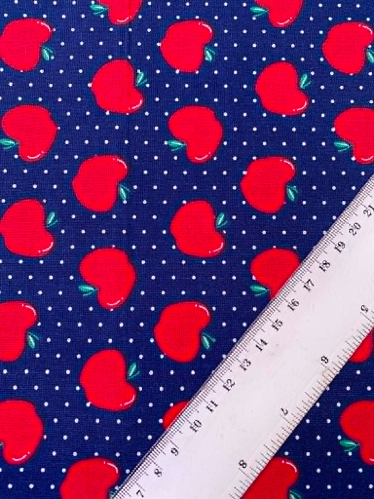 Navy Blue & Red Apple Polka Dot 100% Cotton Fabric - 100% Cotton - 44" Wide By The Metre