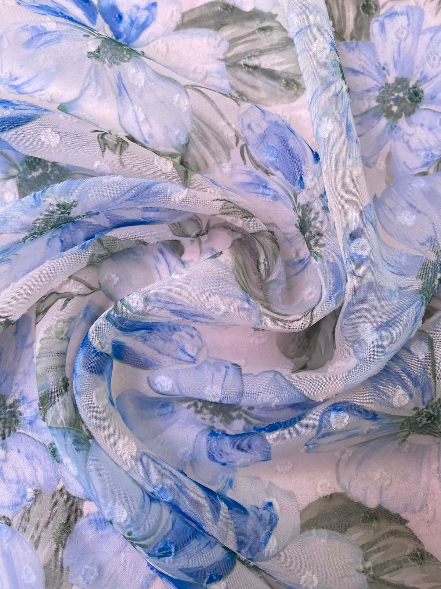Floral Clipped Chiffon Fabric - 56" Wide - Blue & White Watercolour Textured Dressmaking Material No Stretch - £2.99/m
