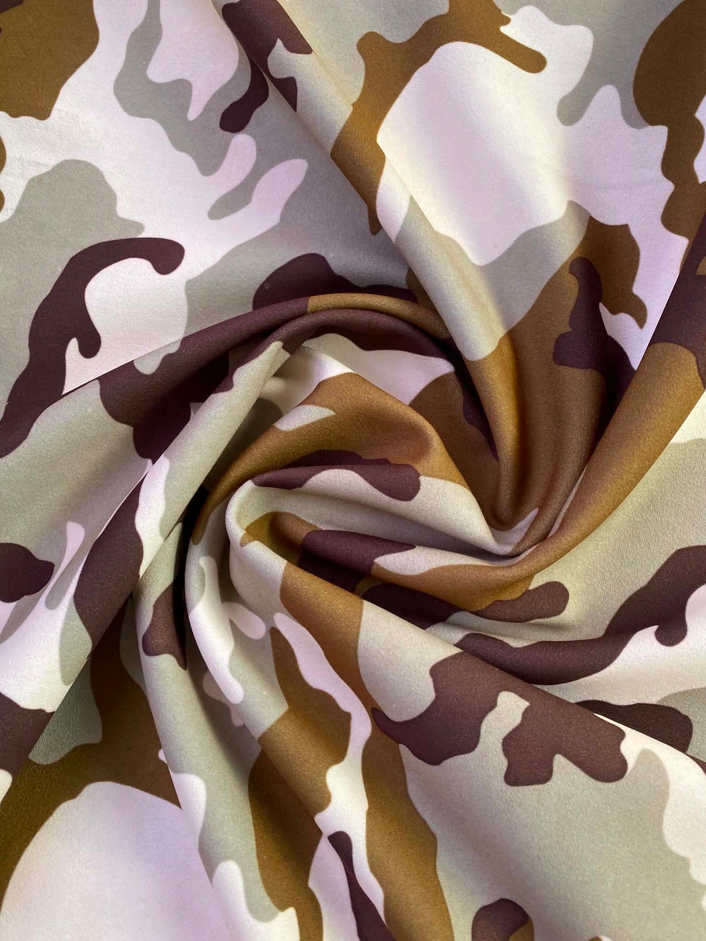 Cream, Ochre Brown & Olive Camo Scuba Jersey Fabric – 58" Wide (£2.25/m)