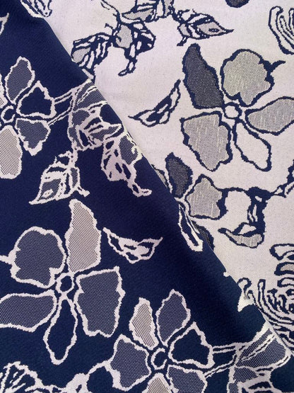 Brocade - Navy/Silver/Cream - 63" Wide - Sold By The Metre