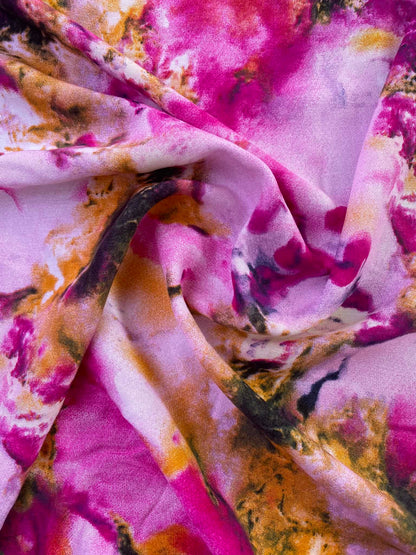 Magenta Pink & Gold Marble Abstract Print Viscose Fabric - Geode Dressmaking Fabric - Extra Wide 57" By The Metre