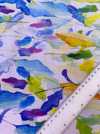 Soft Lilac Abstract Watercolor Botanical Leaf 100% Cotton Lawn Fabric - Premium Dressmaking Fabric - Extra Wide 57" By The Metre