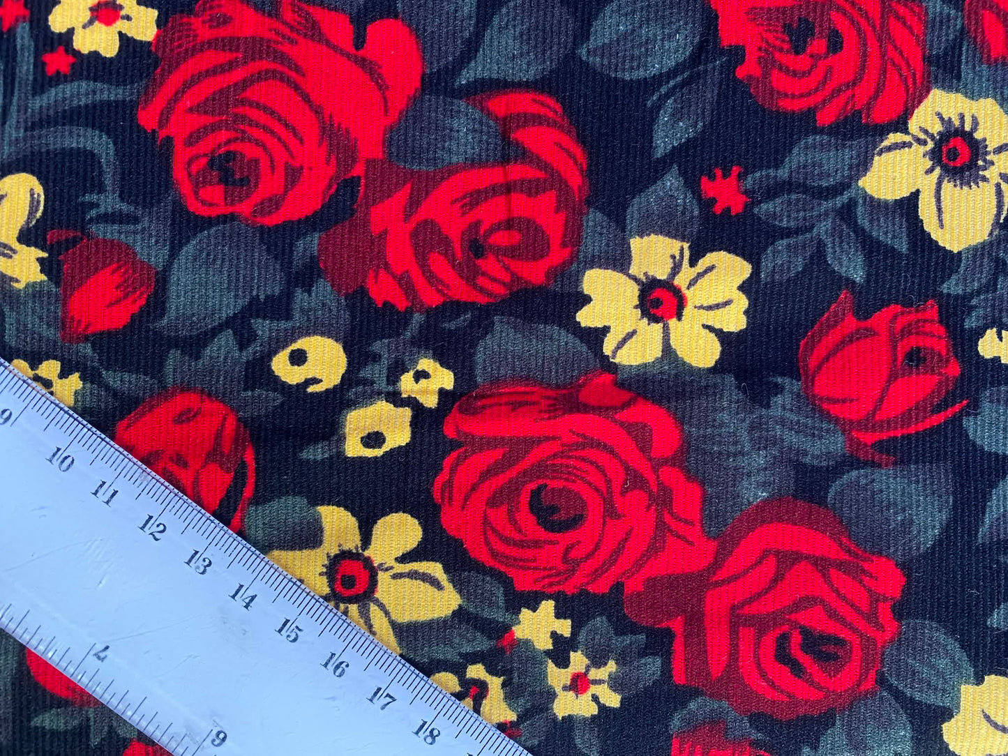 Printed Needlecord 100% Cotton - Black/Grey/Red/Yellow - 44"Wide - Sold By The Metre