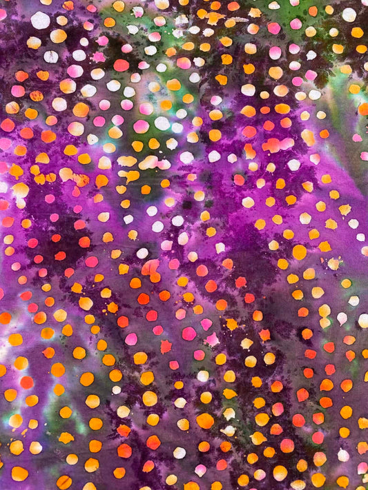 CLEARANCE - Purple & Green Mottled Polka Dot Cotton Batik Fabric (44" Wide)