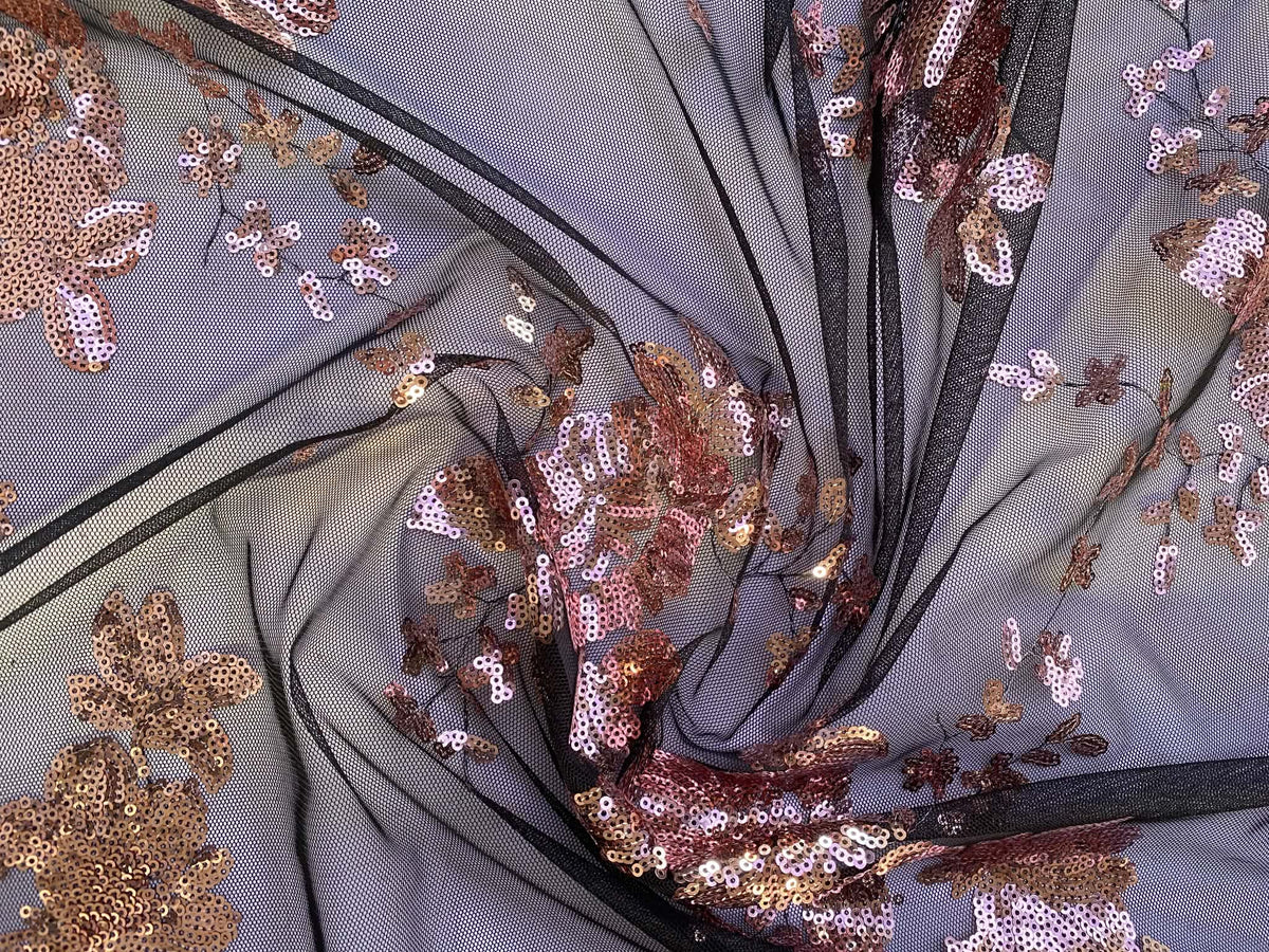 Gold and Black Floral Sequined Mesh Fabric - 64" Wide, No Stretch