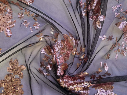 Gold and Black Floral Sequined Mesh Fabric - 64" Wide, No Stretch