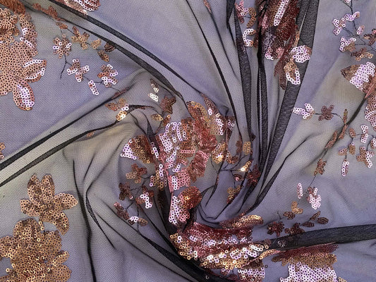 Gold and Black Floral Sequined Mesh Fabric - 64" Wide, No Stretch