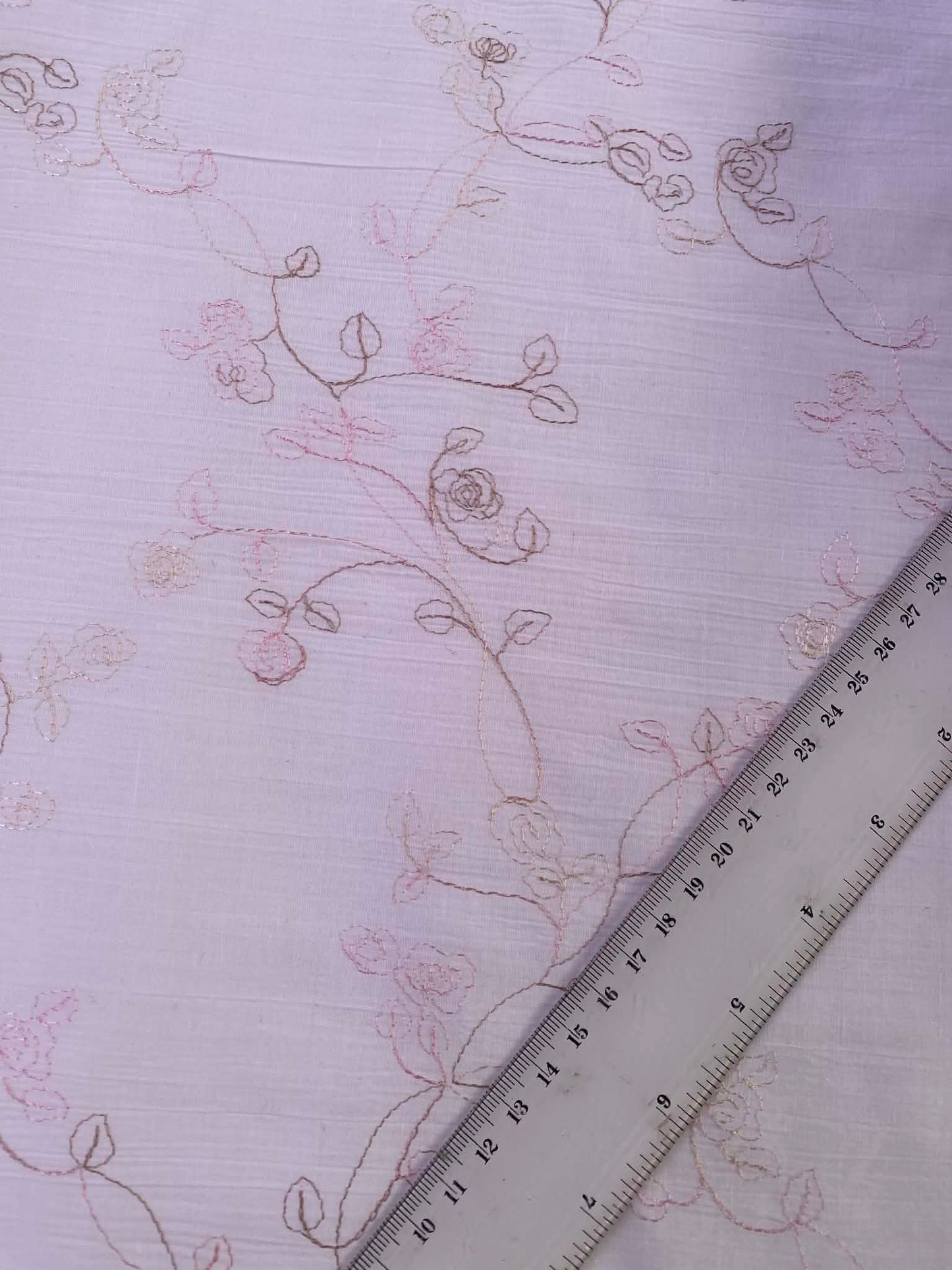 Luxury Embroidered Polycotton - 53" Wide - White/Brown/Soft Pink Rose Vine - Lilac-Pink Slub Texture