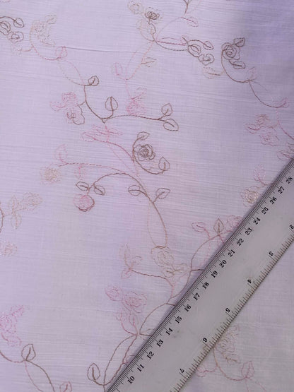 Luxury Embroidered Polycotton - 53" Wide - White/Brown/Soft Pink Rose Vine - Lilac-Pink Slub Texture