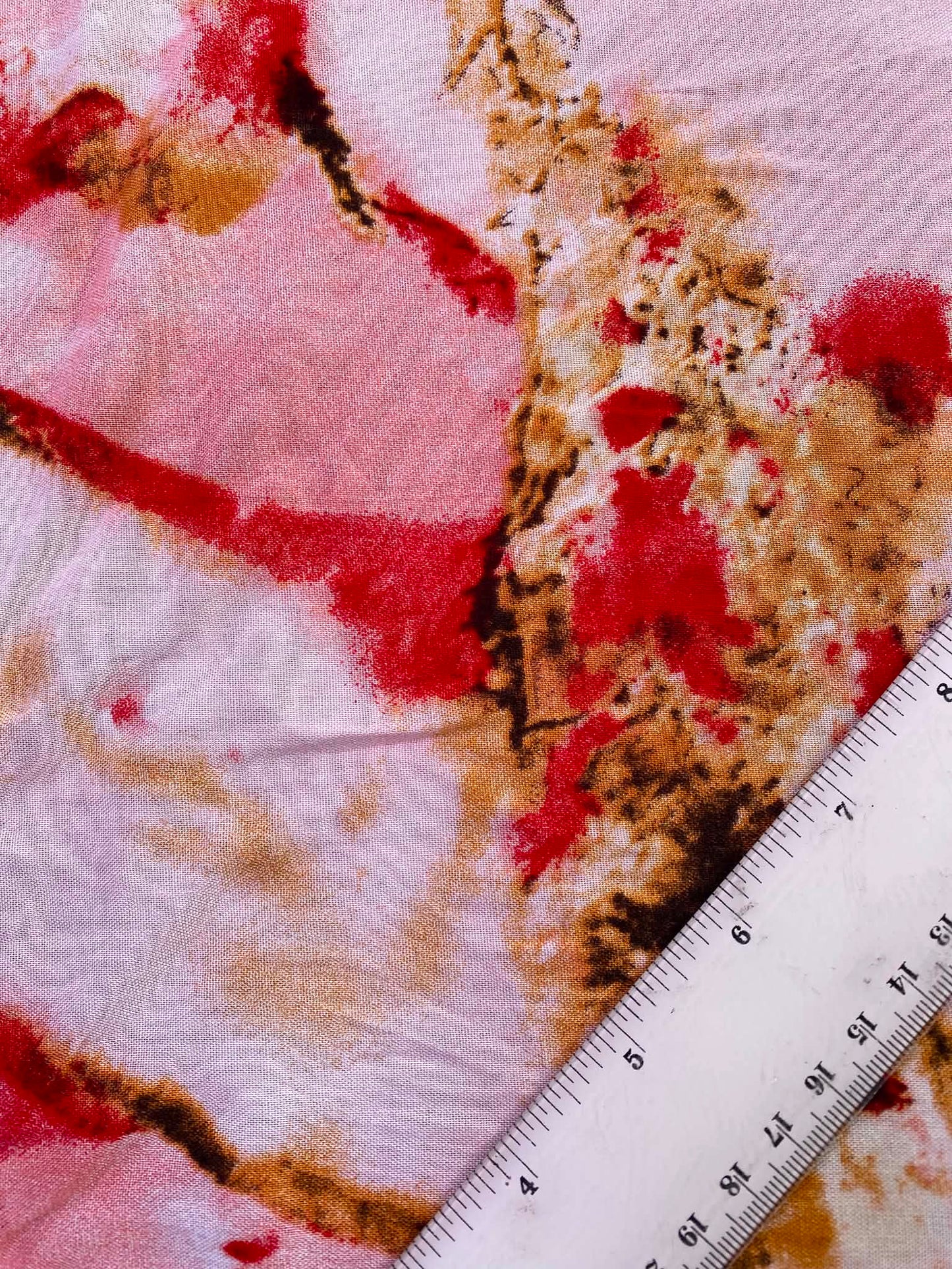 Crimson Red & Gold Marble Abstract Print Viscose Fabric - Geode Dressmaking Fabric - Extra Wide 57" By The Metre