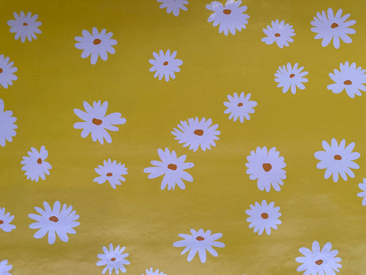 Yellow & White Daisy Floral PU Table Covering - 55" Wide - Wipe Clean - Water Resistant - £1.99/m