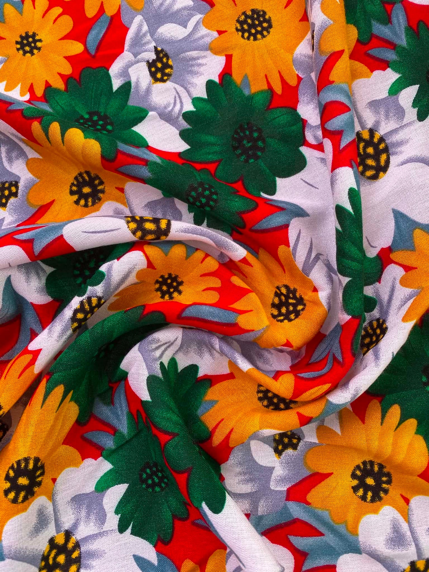 Retro 70s Floral Daisy 100% Viscose Fabric - Red Green & Orange Dressmaking Fabric - Extra Wide 57" By The Metre