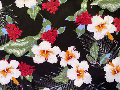 Floral Cotton Sateen Fabric - Black/White/Green/Plum - 58" Wide - Luxury Dressmaking Material - £3.99/m