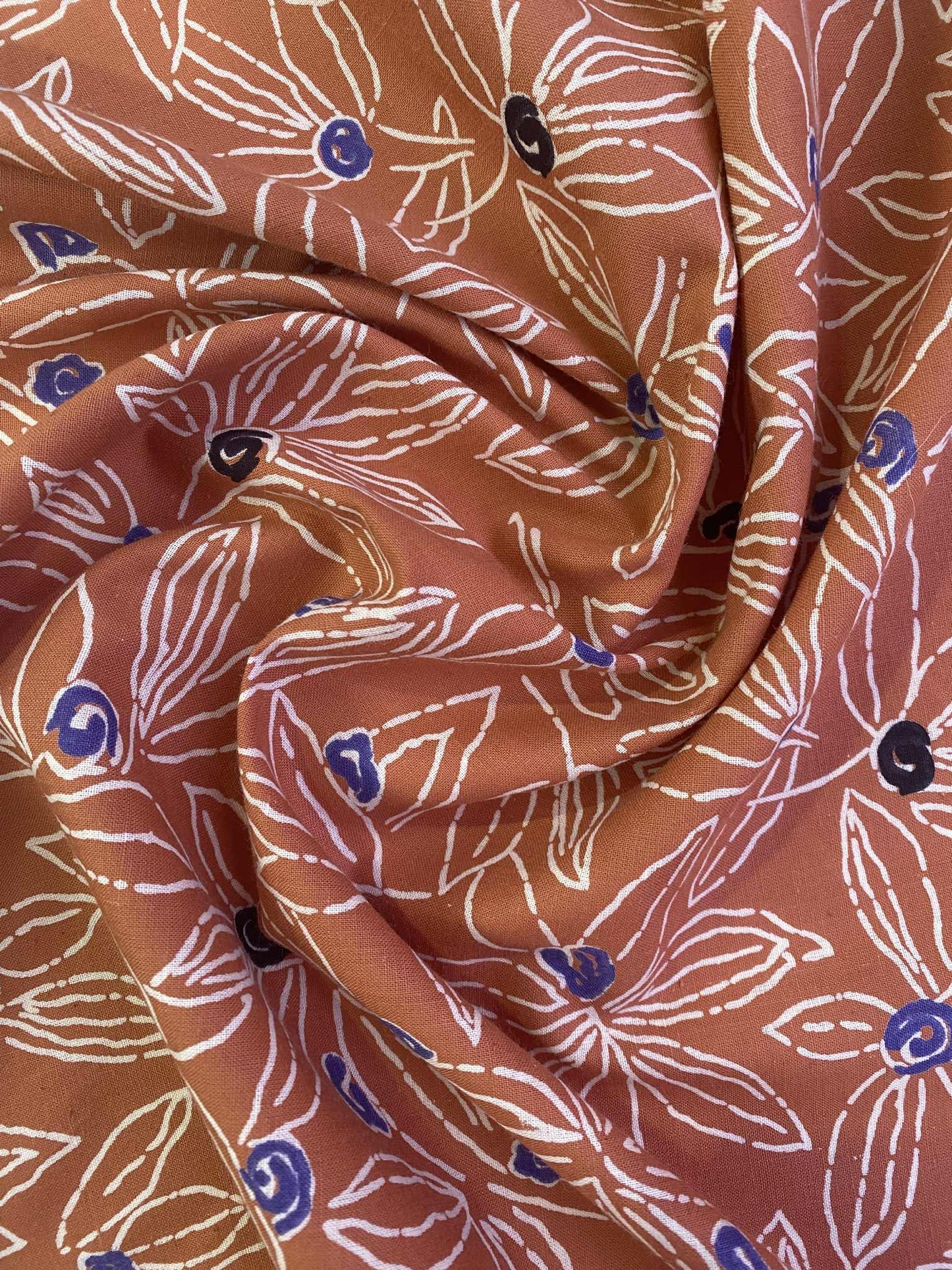 100% Cotton Print - Rust/Cream/Blue/Black - 55"Wide - Sold By The Metre