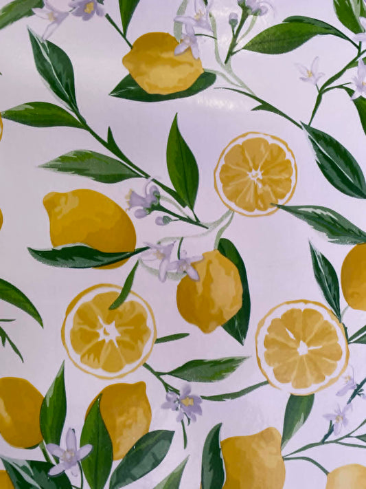 Zesty Lemon & Blossom PU Table Covering - 55" Wide - Wipe Clean - Mediterranean Style - £1.99/m