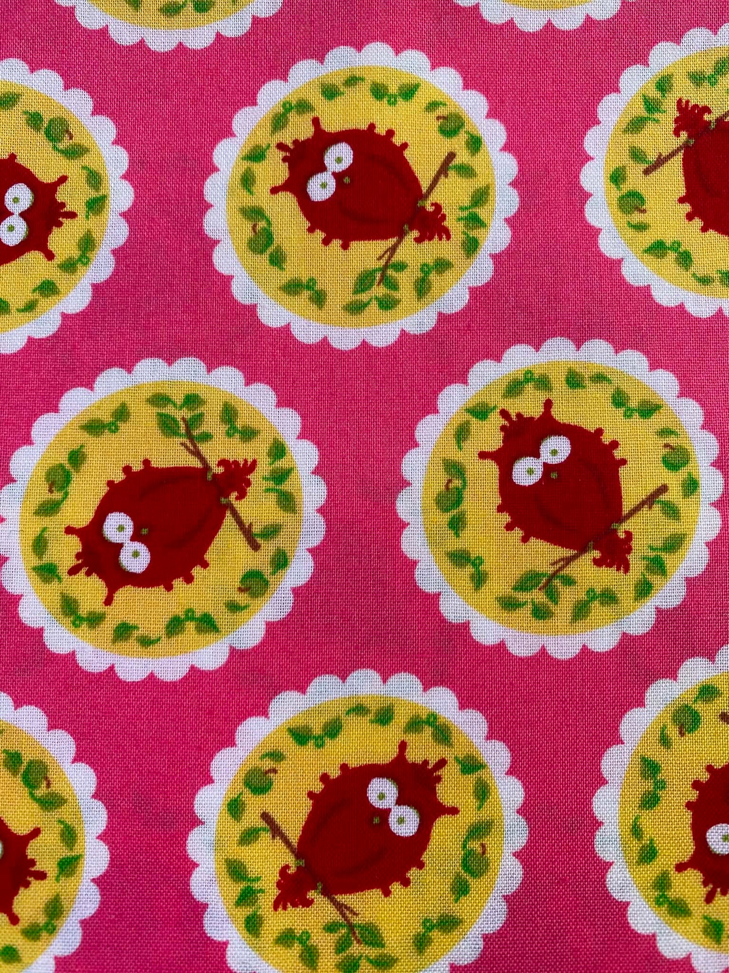 CLEARANCE - Retro Whimsical Owl Print Fabric – Bright Pink, Red & Yellow 100% Cotton (54" Wide)