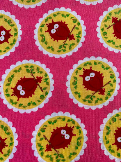 CLEARANCE - Retro Whimsical Owl Print Fabric – Bright Pink, Red & Yellow 100% Cotton (54" Wide)