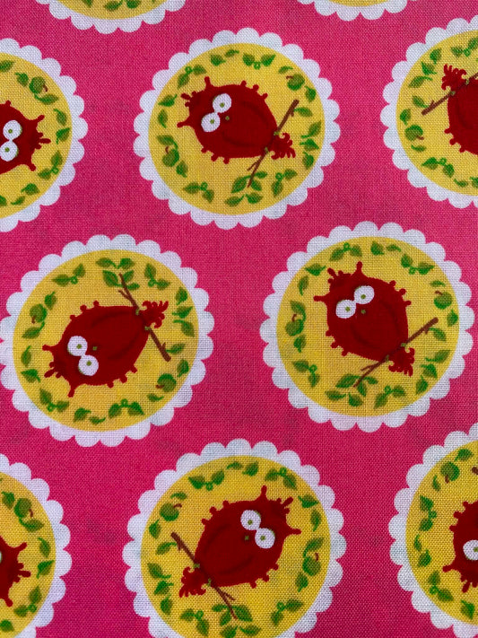 CLEARANCE - Retro Whimsical Owl Print Fabric – Bright Pink, Red & Yellow 100% Cotton (54" Wide)