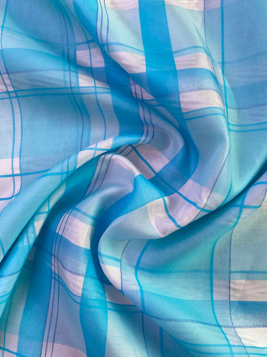 Sky Blue & Aqua Plaid Spanish Silk Fabric – 54" Wide (£3.99/m)
