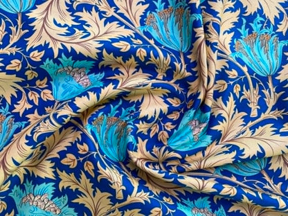 William Morris Inspired Floral 100% Cotton Fabric - Turquoise & Beige Royal Blue Trail - 44/45" Wide By The Metre
