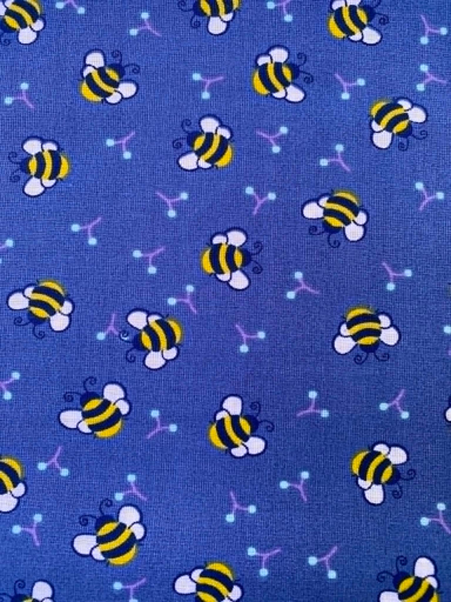 Mid-Blue Buzzy Cartoon Bumblebee 100% Cotton Fabric - 44" Wide By The Metre