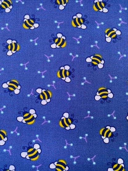Mid-Blue Buzzy Cartoon Bumblebee 100% Cotton Fabric - 44" Wide By The Metre