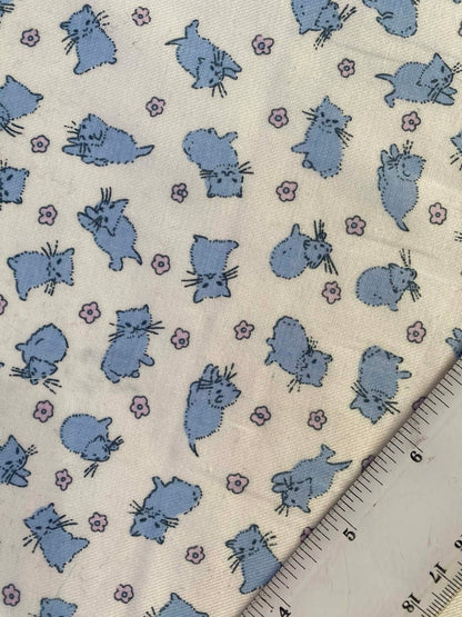 100% Cotton - Blue/Cream - Kittens - 57"Wide - Sold By The Metre