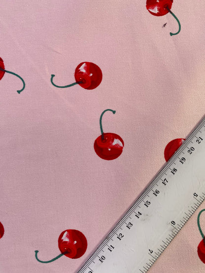 Cotton Spandex - Cherries - Pink/Red/Green - 58"Wide - Sold By The Metre