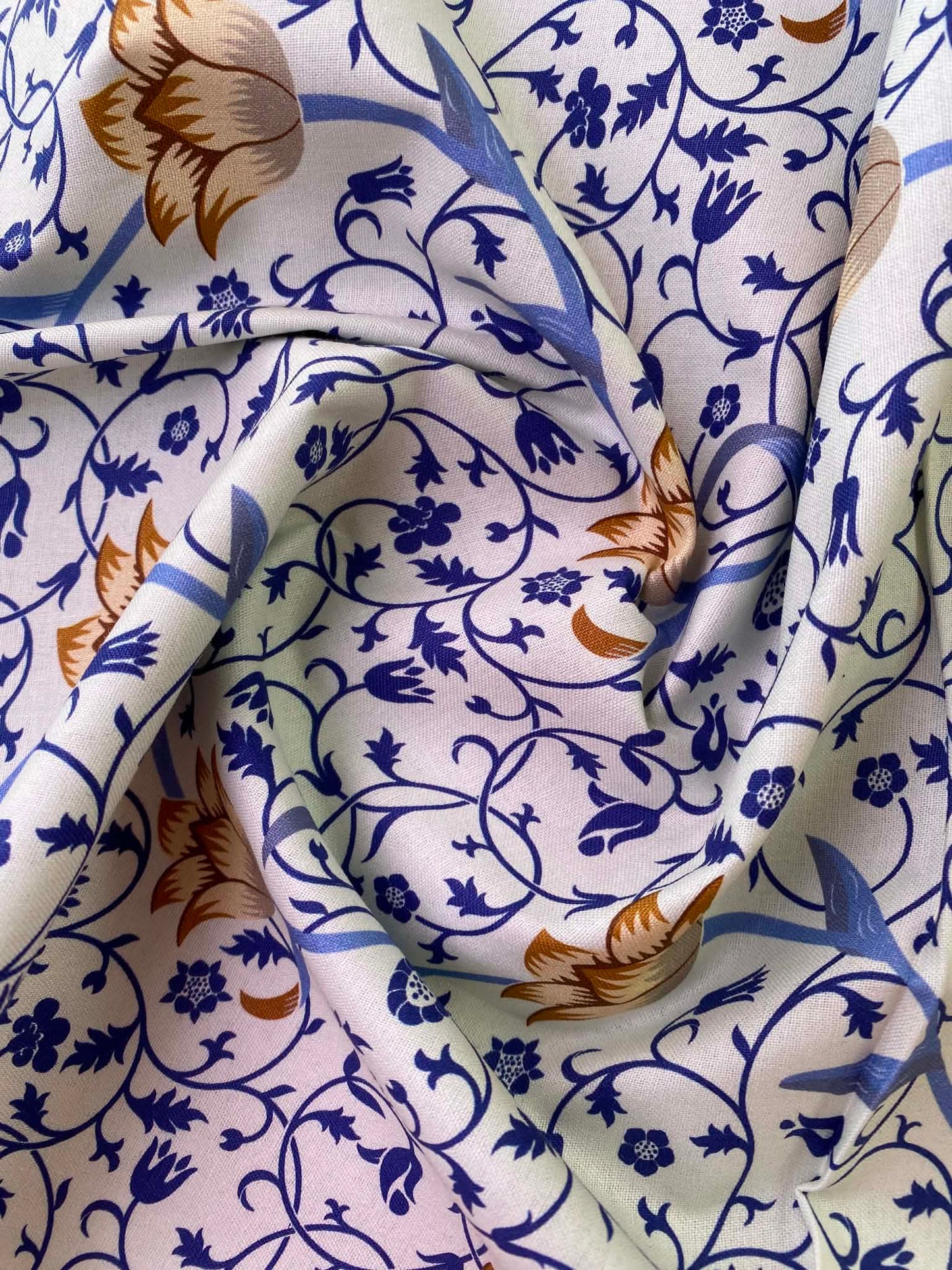 William Morris Inspired Floral 100% Cotton Fabric - Blue & Ochre Vine Trail Print - 44/45" Wide By The Metre