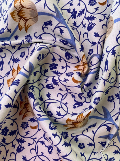 William Morris Inspired Floral 100% Cotton Fabric - Blue & Ochre Vine Trail Print - 44/45" Wide By The Metre