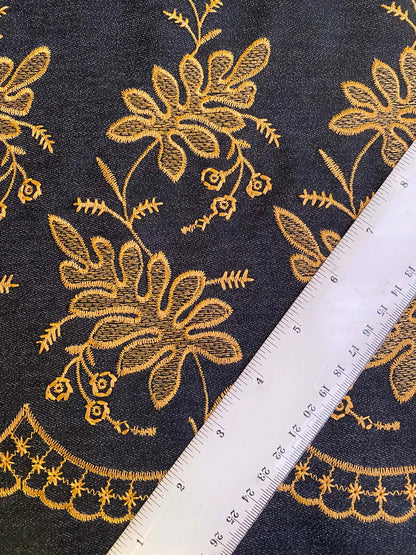 Black & Gold Floral Embroidered Stretch Denim - 59" Wide - Double Bordered - £3.99/m