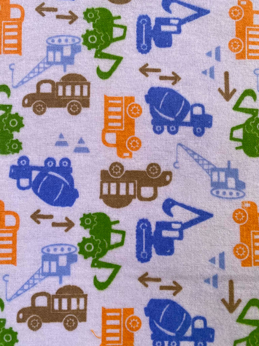 CLEARANCE - Construction Trucks Printed Brushed Cotton Fabric – White / Multi – 42" (106cm) Wide