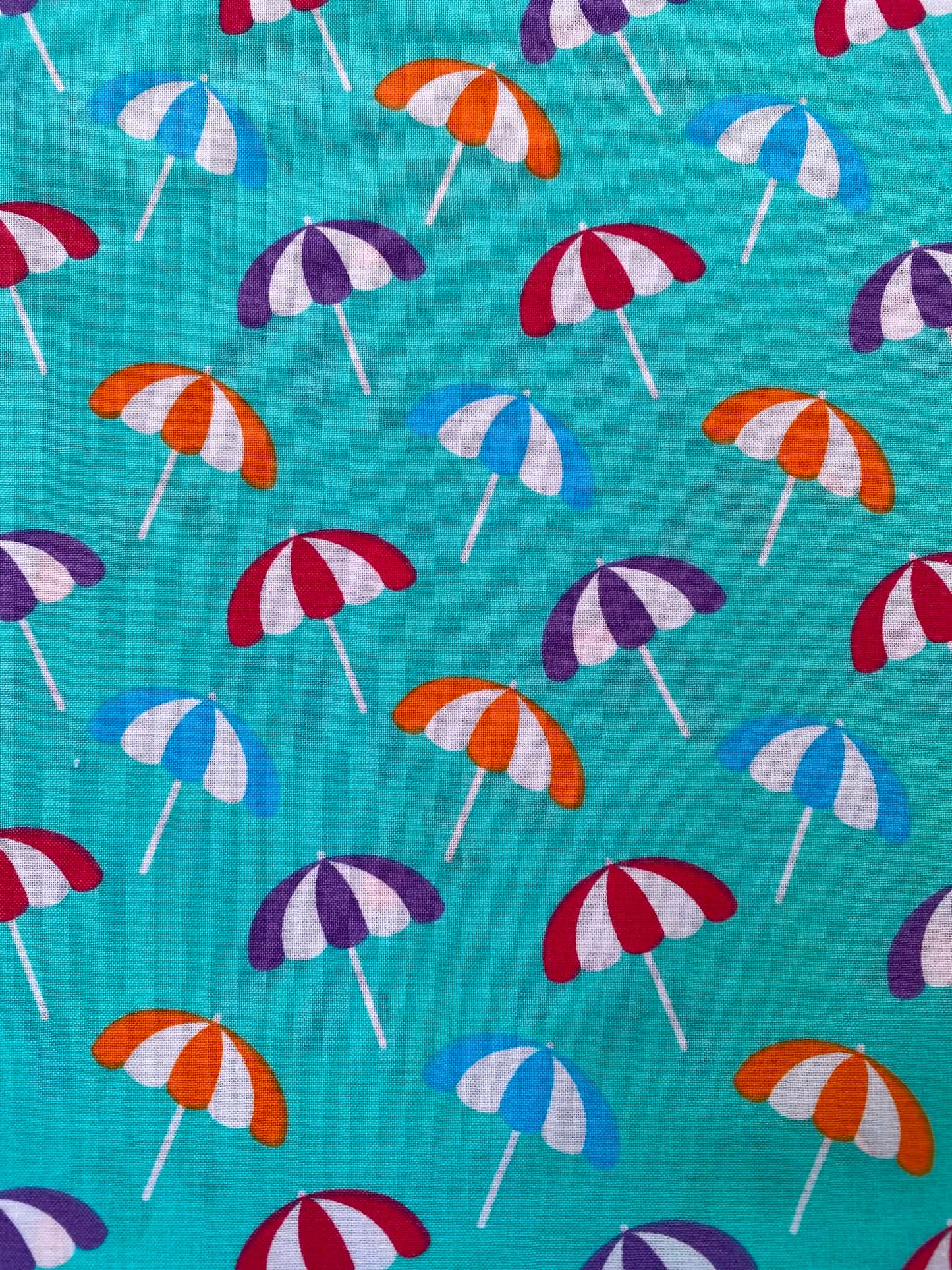 Teal Mint Retro Summer Parasol 100% Cotton Fabric - Beach Umbrella Novelty - 44" Wide By The Metre
