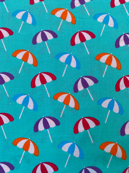 Teal Mint Retro Summer Parasol 100% Cotton Fabric - Beach Umbrella Novelty - 44" Wide By The Metre