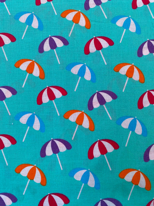 Teal Mint Retro Summer Parasol 100% Cotton Fabric - Beach Umbrella Novelty - 44" Wide By The Metre