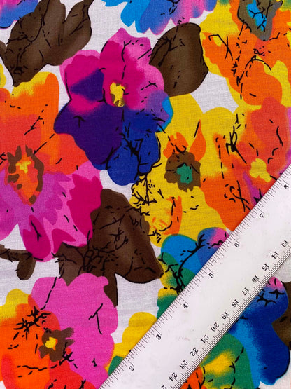 Retro Bright Painterly Floral 100% Viscose Fabric - Pink, Blue & Orange Floral Dressmaking Fabric - Extra Wide 57" By The Metre