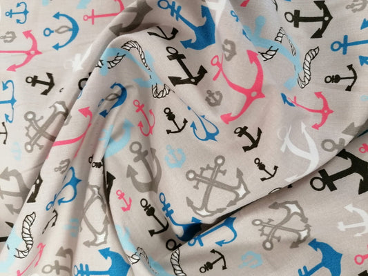 100% Organic Cotton - Anchors - Grey/Blue/Black/Pink - 45" Wide - Sold By The Metre