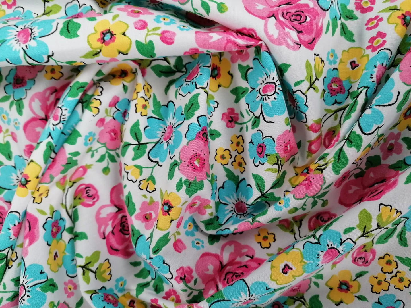 100% Organic Cotton - Floral - Pink/Blue/Yellow/Green - 45" Wide - Sold By The Metre