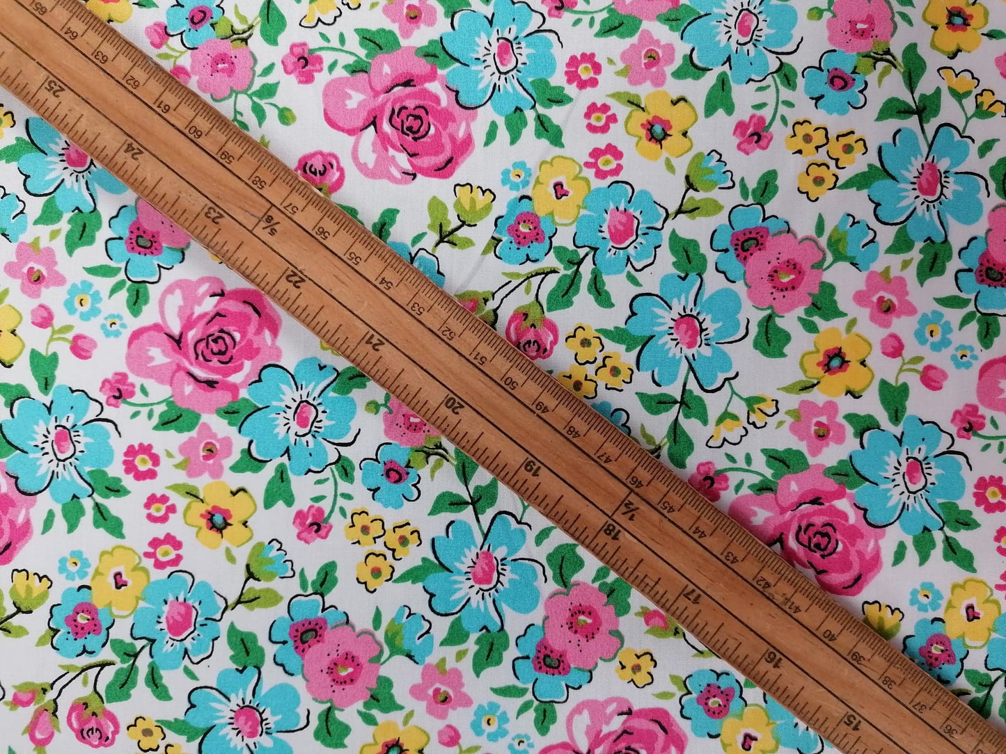 100% Organic Cotton - Floral - Pink/Blue/Yellow/Green - 45" Wide - Sold By The Metre