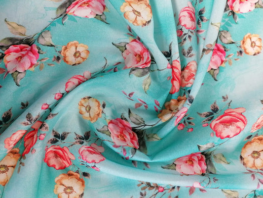 Cotton Lawn - Turquoise/Pink/Yellow - 55" Wide - Sold By The Metre