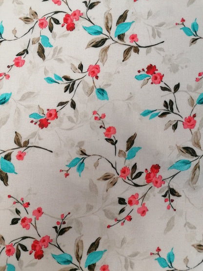 Cotton Lawn - Cream/Turquoise/Red - 55" Wide - Sold By The Metre